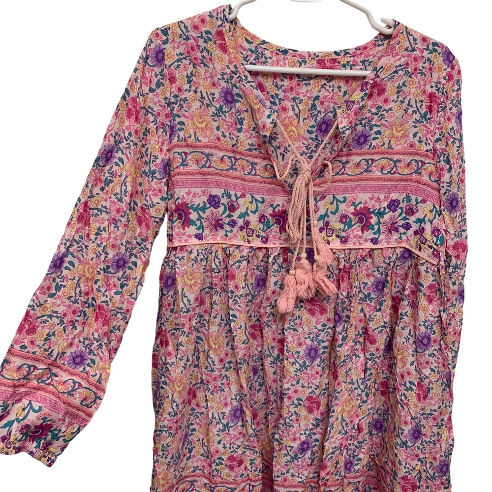 Boho Floral Tassel Tie Mini Dress Pink Long Sleeve Peasant Style